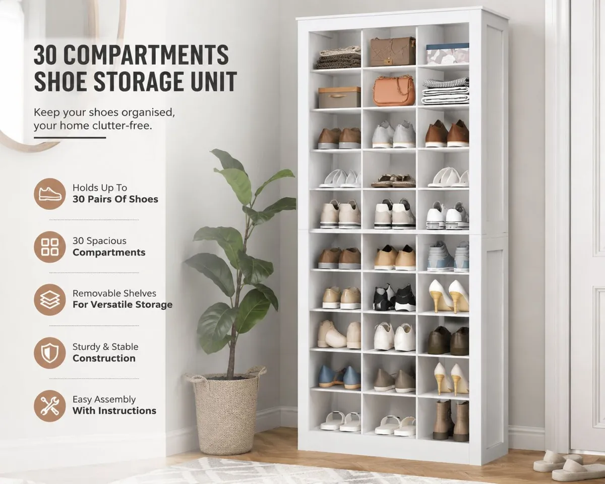 Shoe Storage Unit with 30 Compartments White - Image 1