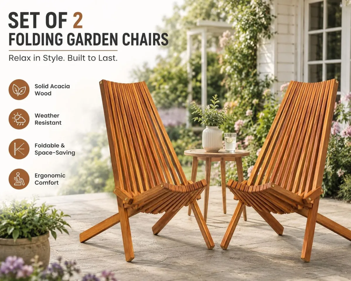 Set of 2 Folding Acacia Wood Garden Chairs – Weath - Image 1