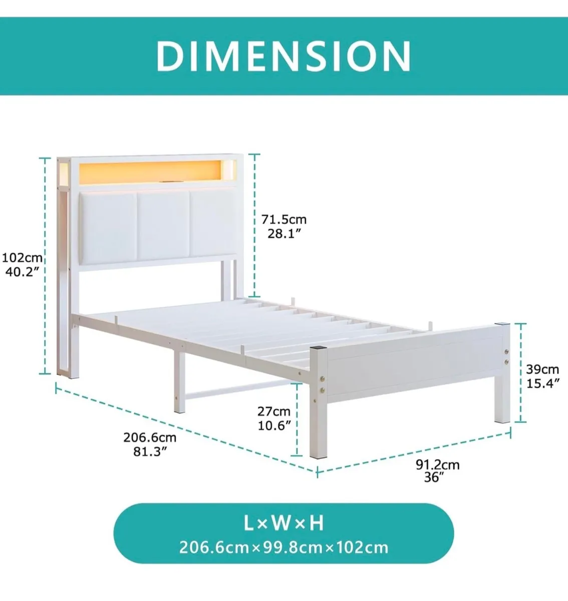 3FT Single Bed Frame with LED Lights and Charging - Image 2