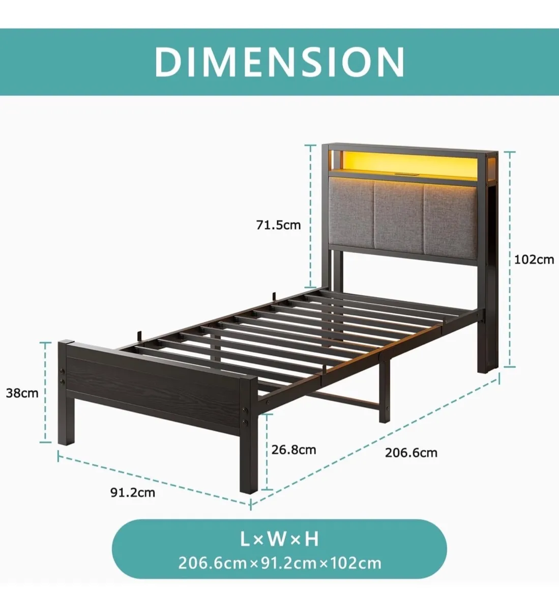 3FT Single Bed Frame with LED Lights and Charging - Image 2