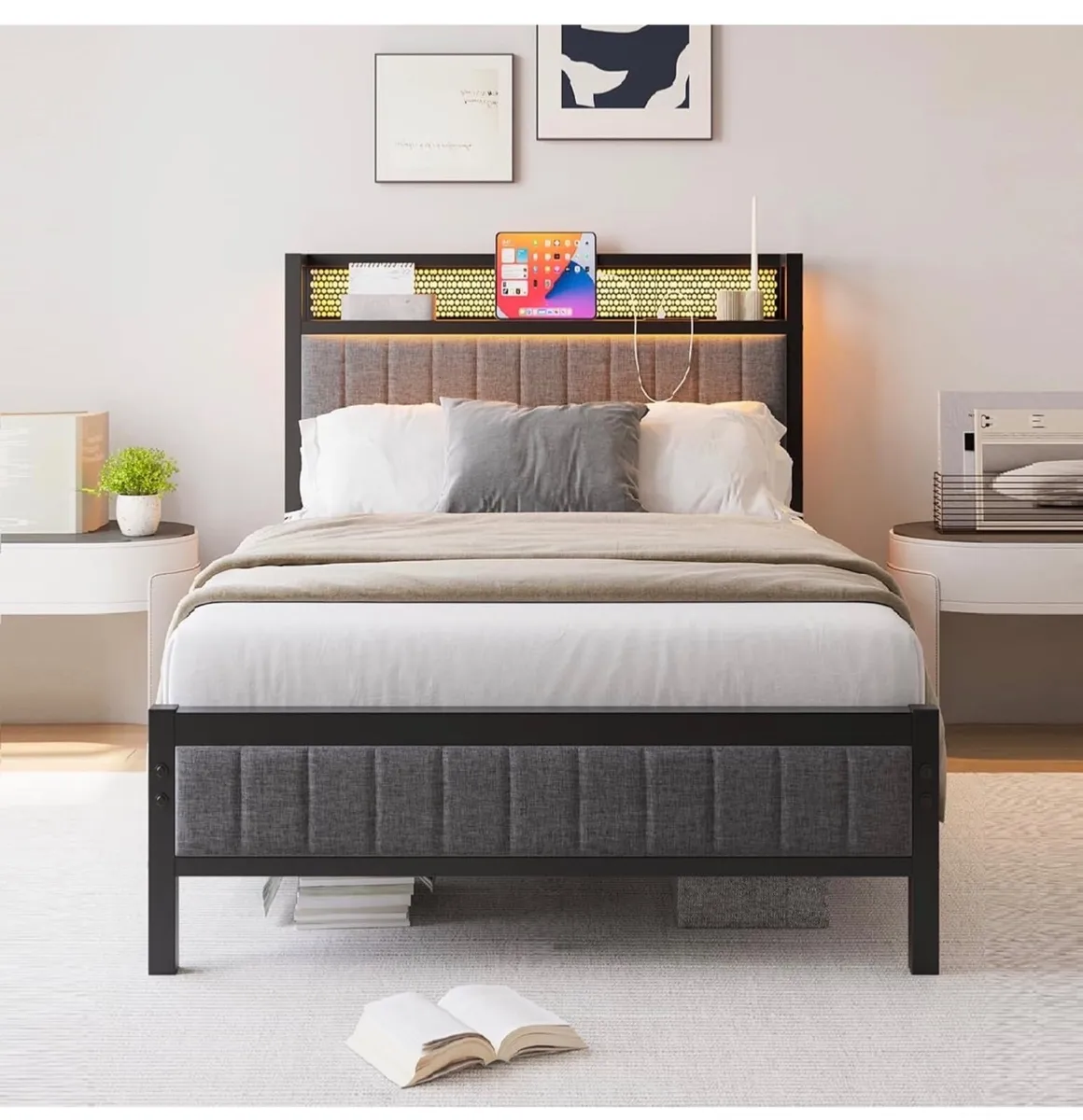 Single Bed Frame with Upholstered Headboard, Woode - Image 3
