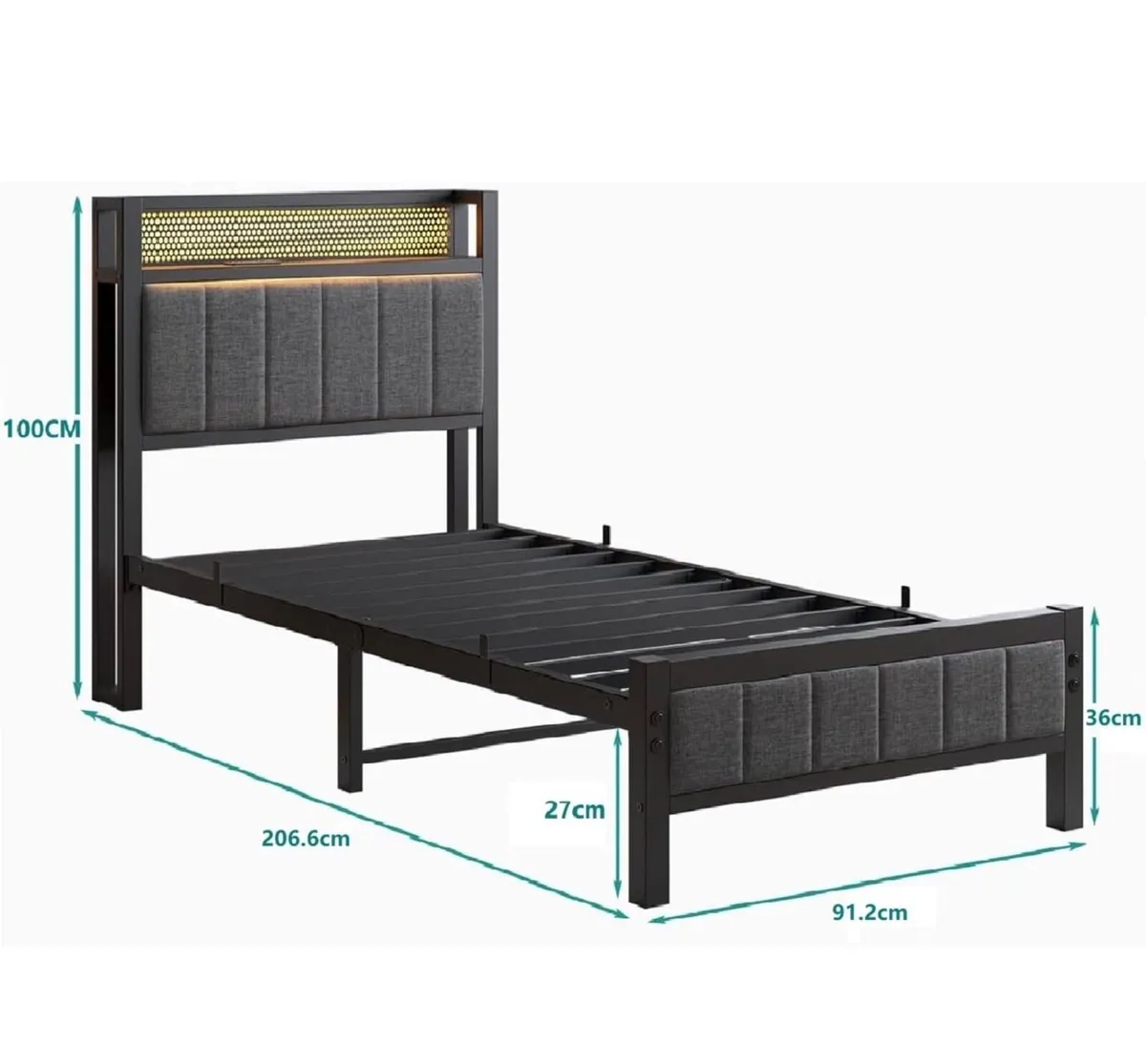 Single Bed Frame with Upholstered Headboard, Woode - Image 4