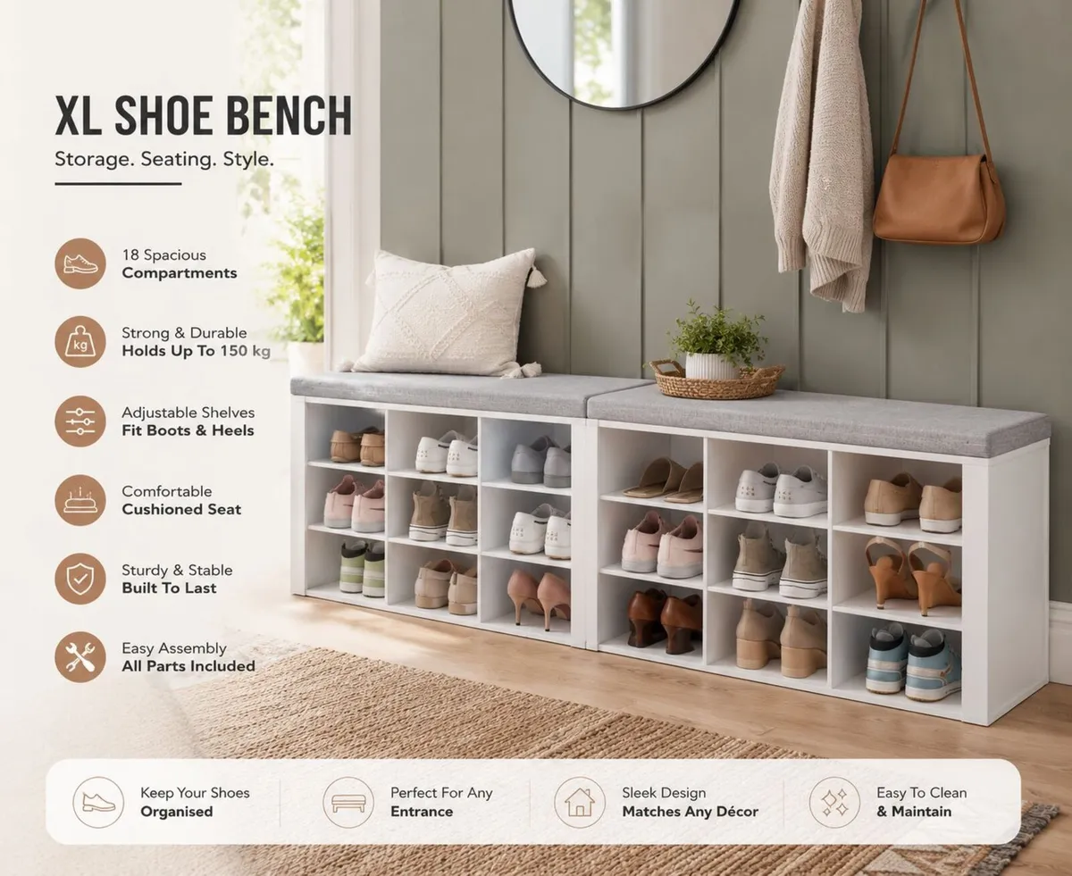 XL Shoe Bench with Cushion Seat White 150 cm - Image 1
