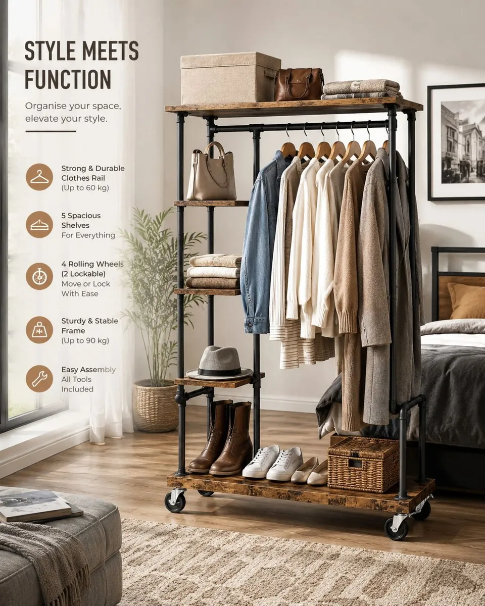 Industrial Clothes Rack with Shelves and Wheels – - Image 1