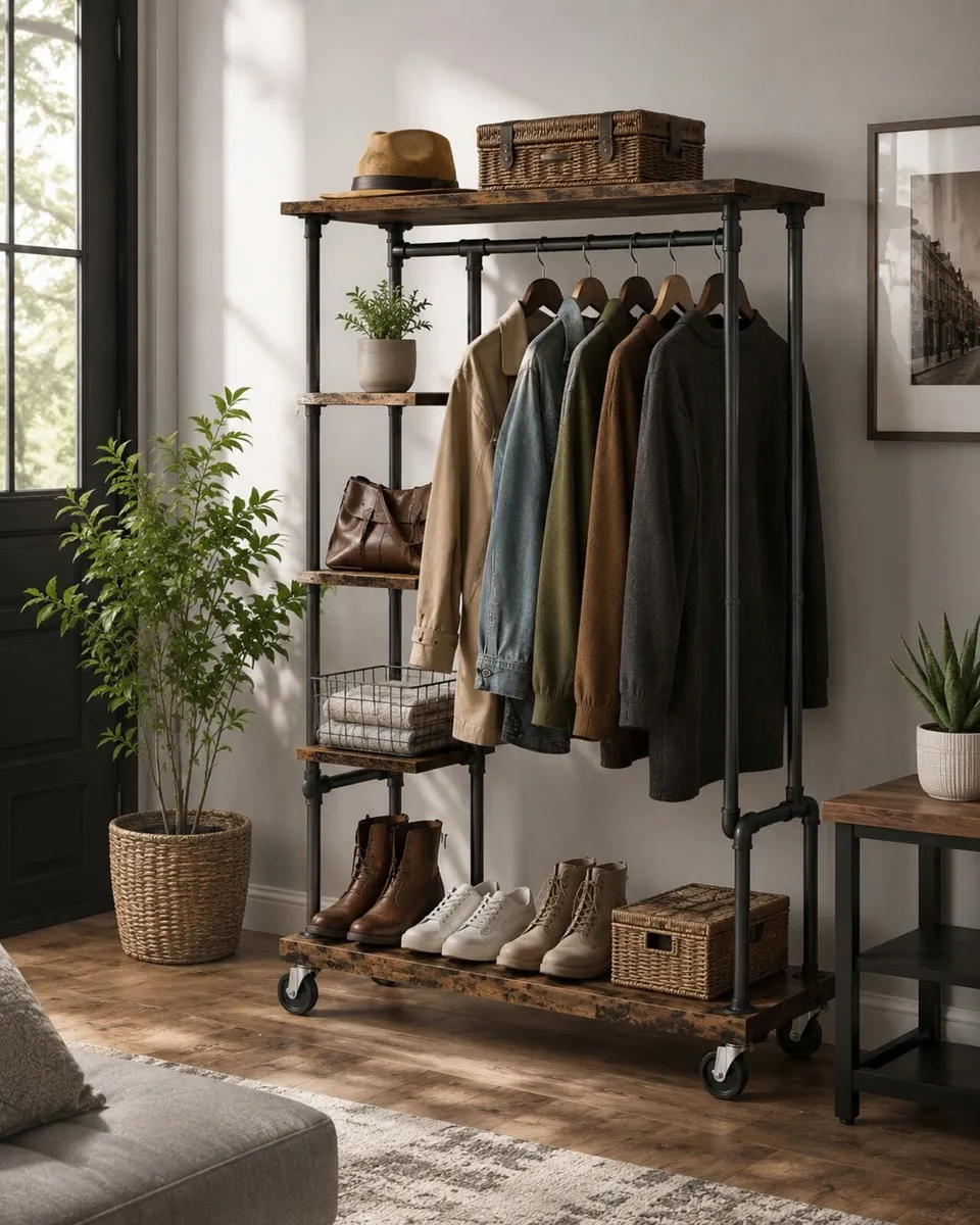 Industrial Clothes Rack with Shelves and Wheels – - Image 2