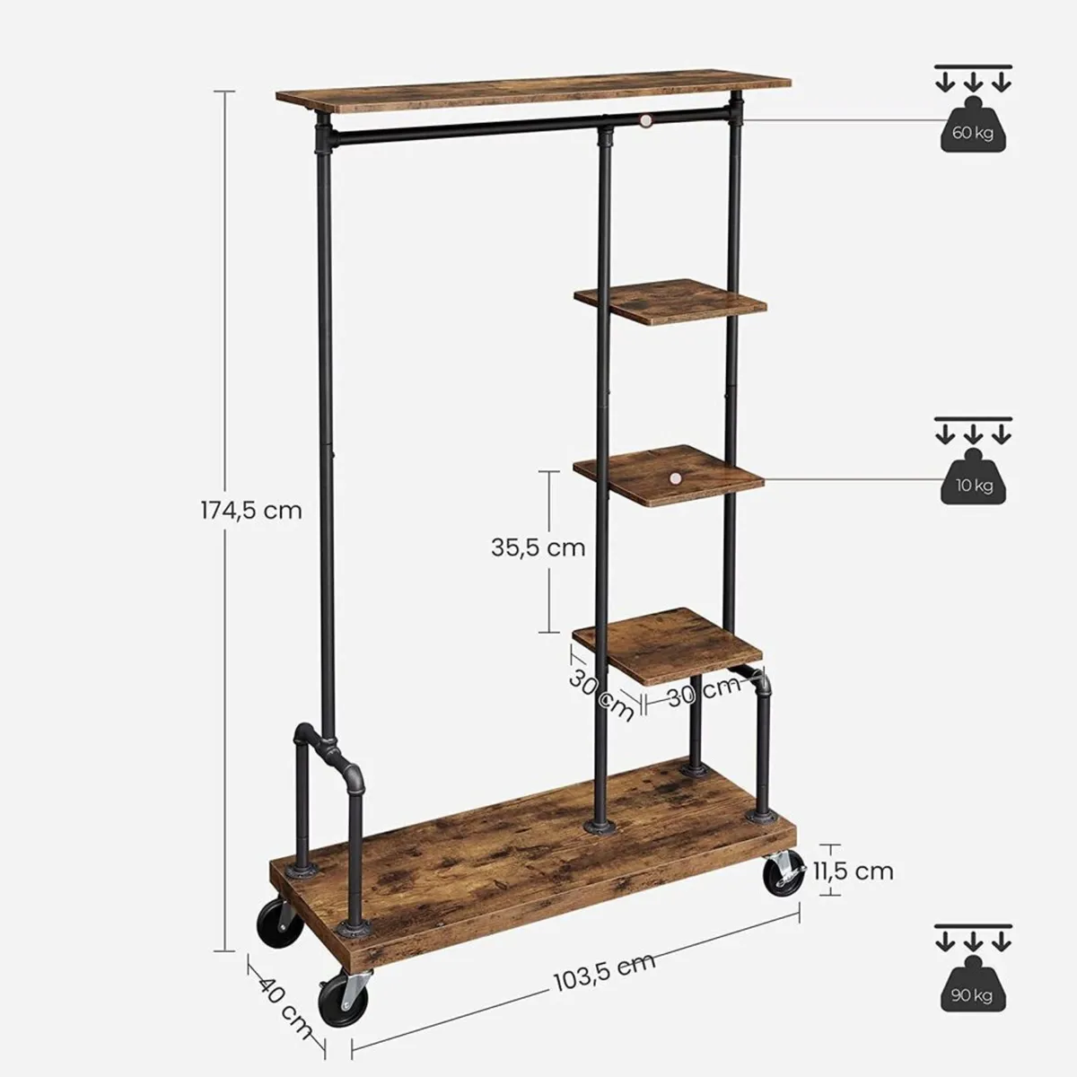 Industrial Clothes Rack with Shelves and Wheels – - Image 3