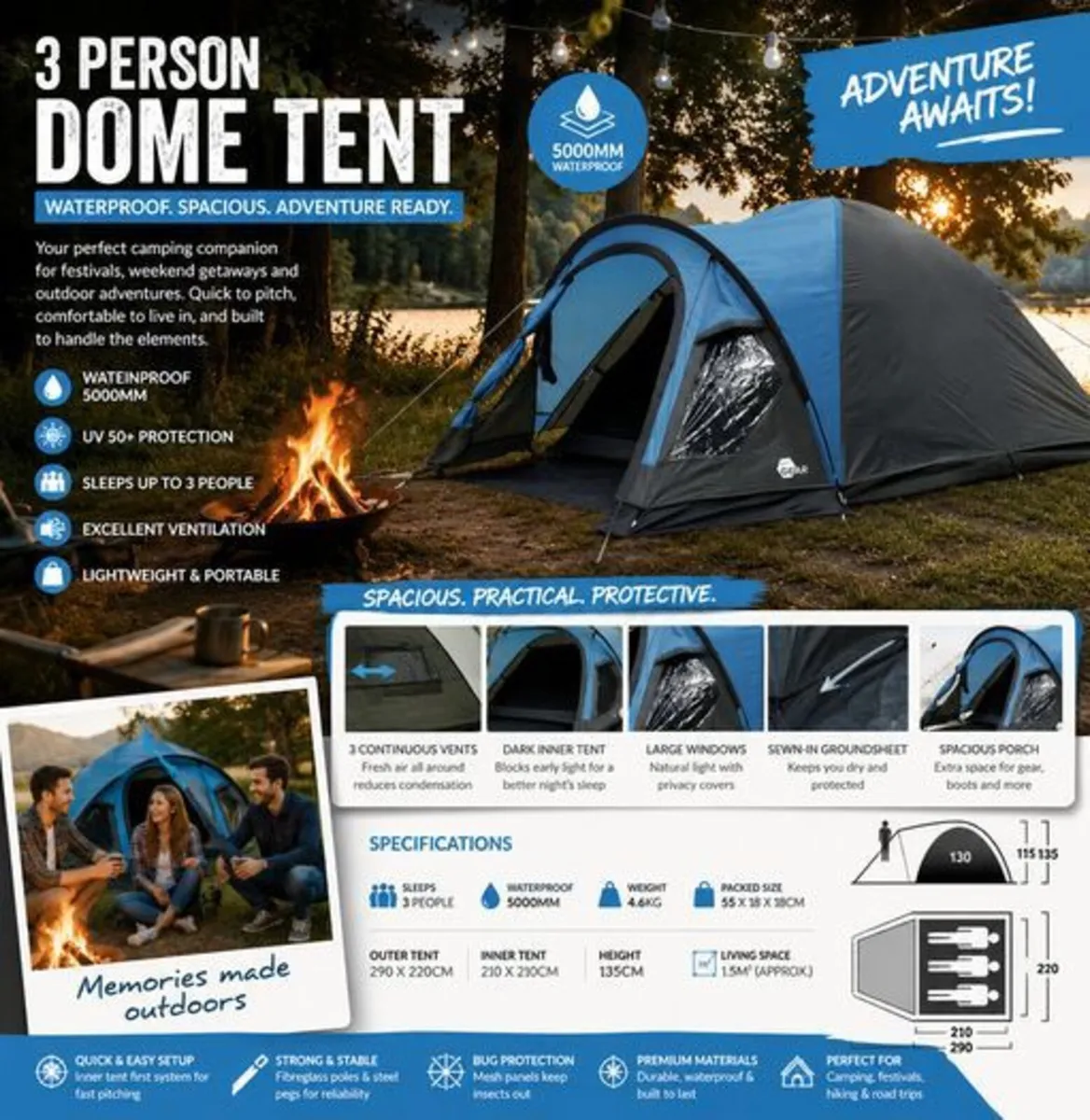3 Person Dome Camping Tent Waterproof 5000mm with - Image 4