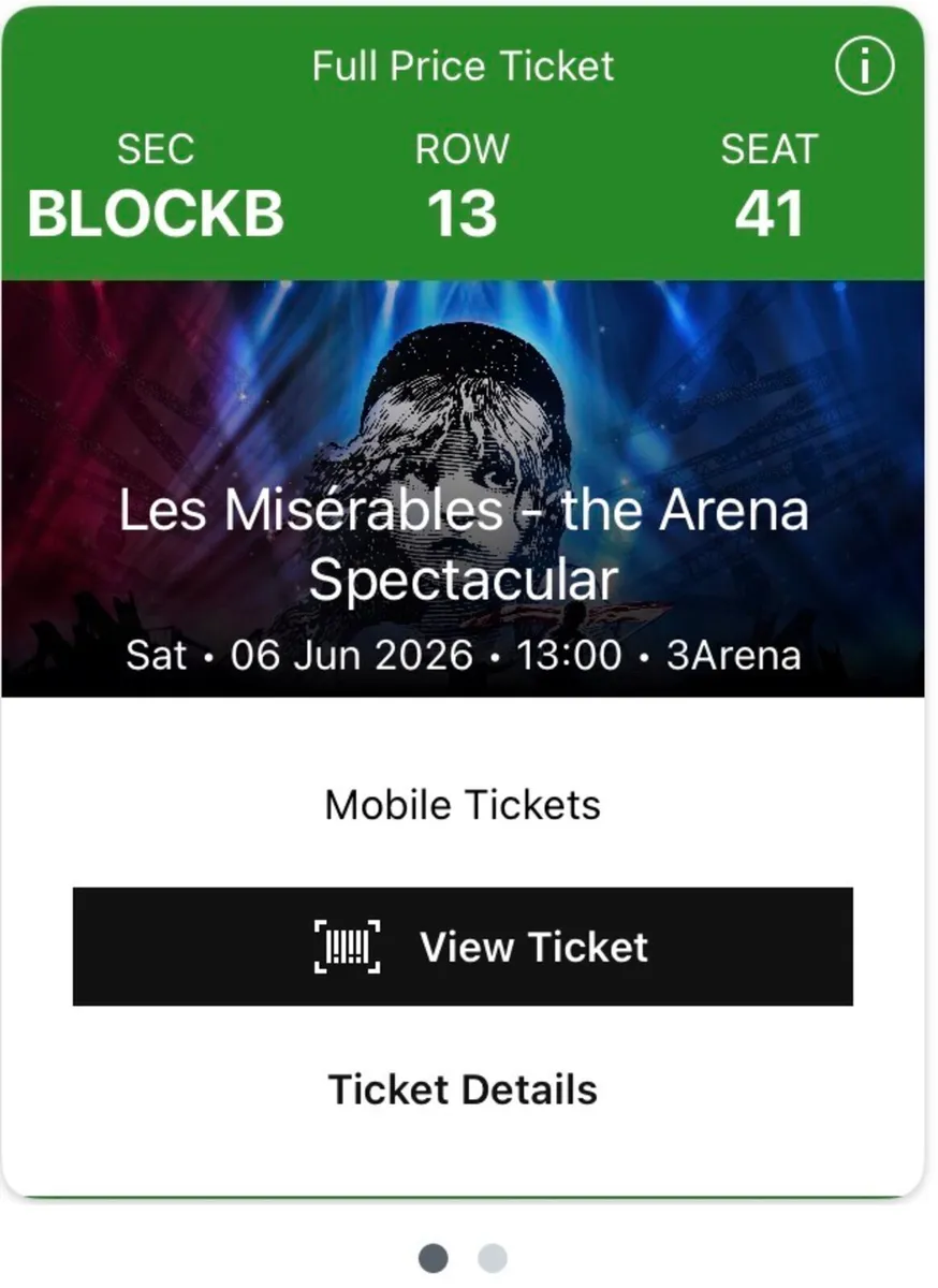 2 Les Miserables tickets for Sat 6 June at 1pm
