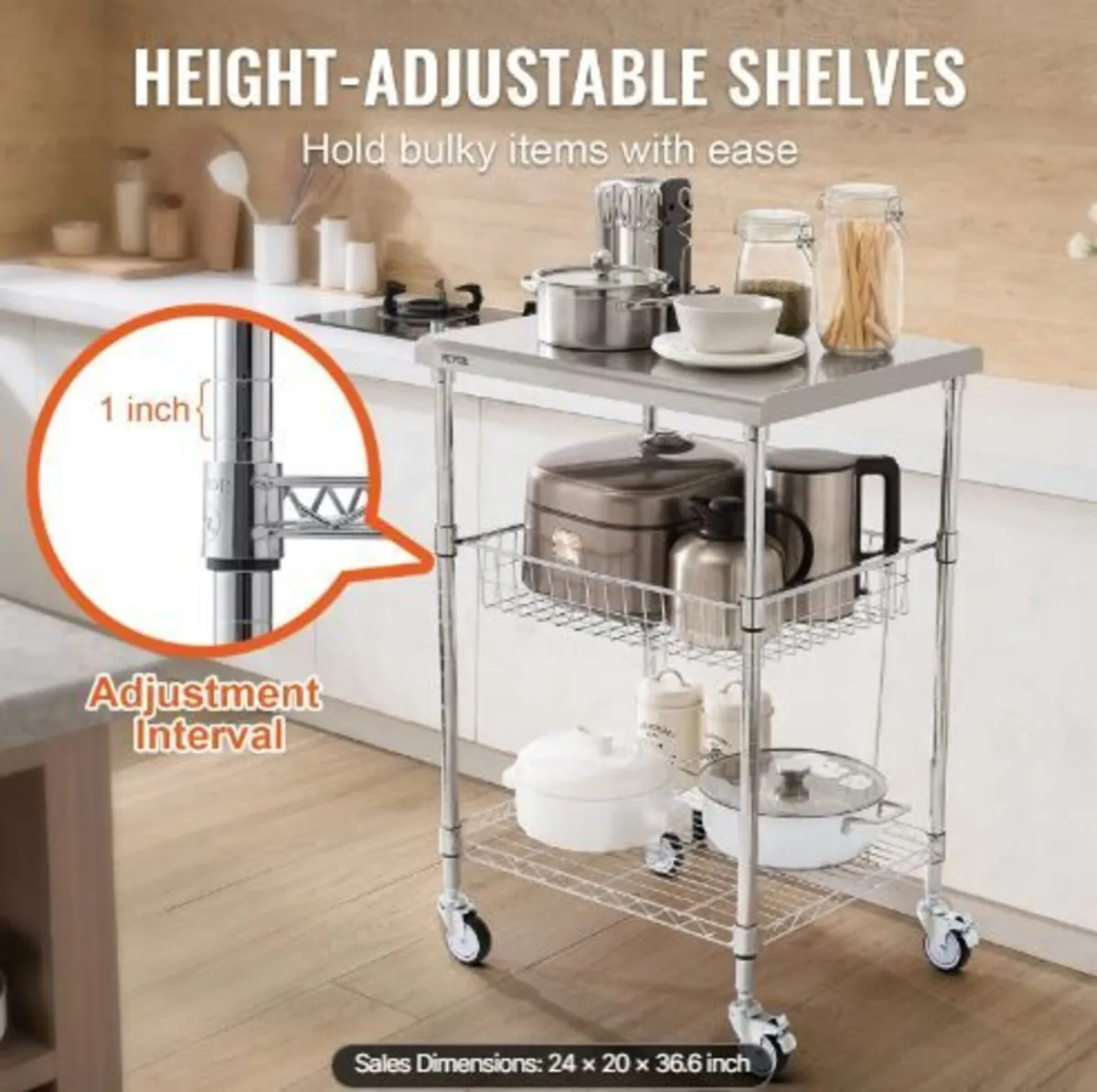 Kitchen Utility Cart, 3 Tiers, Wire Rolling Cart - Image 2