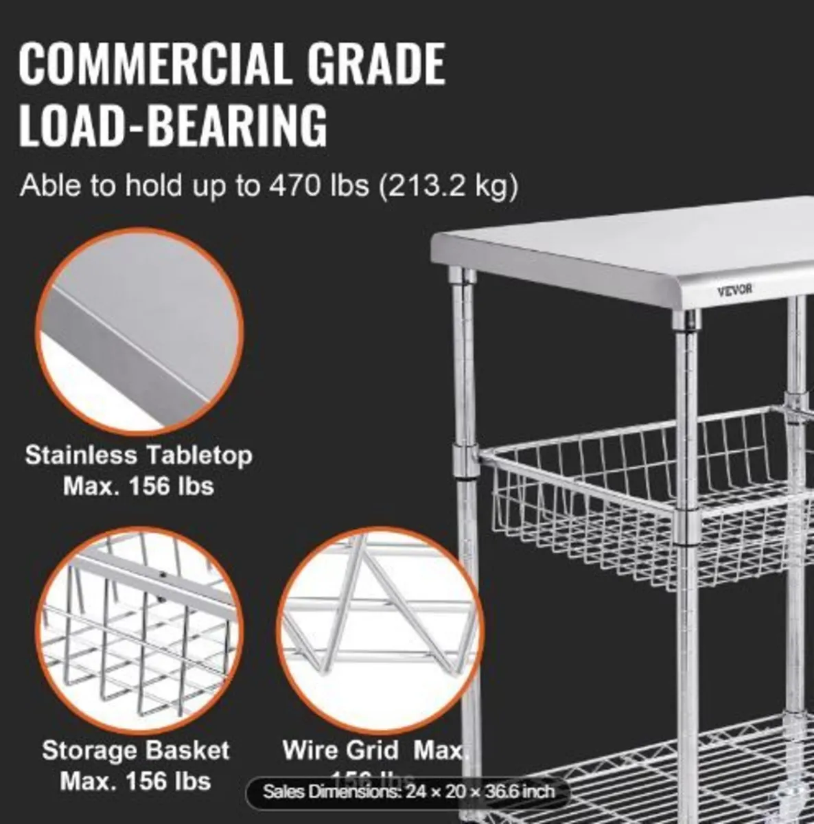 Kitchen Utility Cart, 3 Tiers, Wire Rolling Cart - Image 3