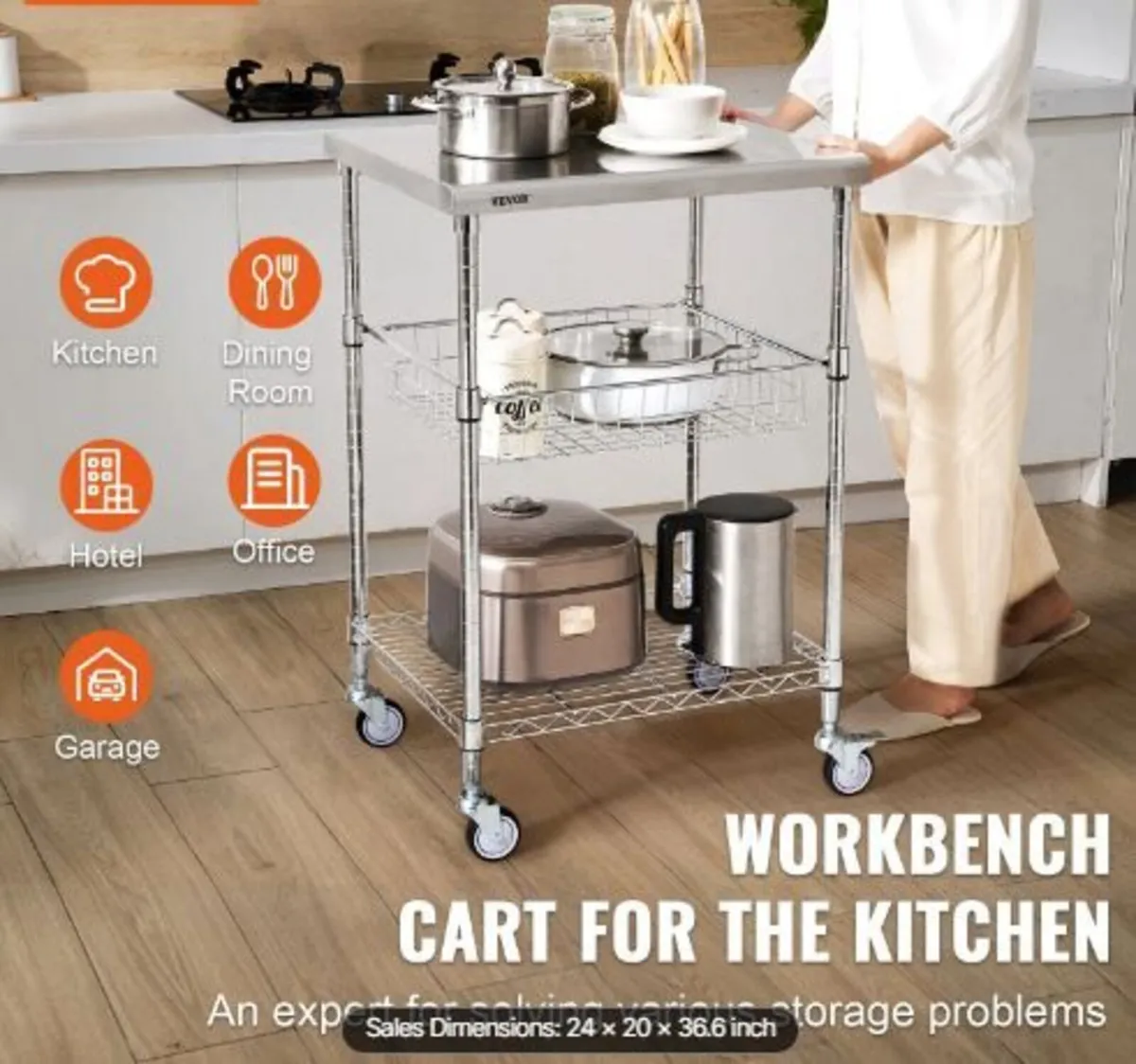 Kitchen Utility Cart, 3 Tiers, Wire Rolling Cart - Image 4