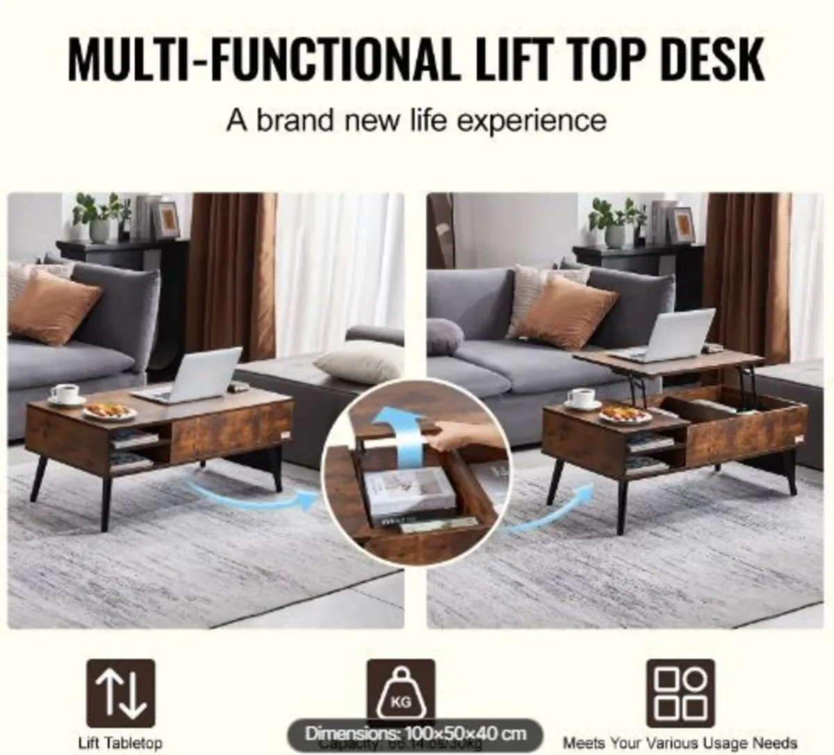 Lift Top Coffee Table, 39.4 in Rectangle - Image 1