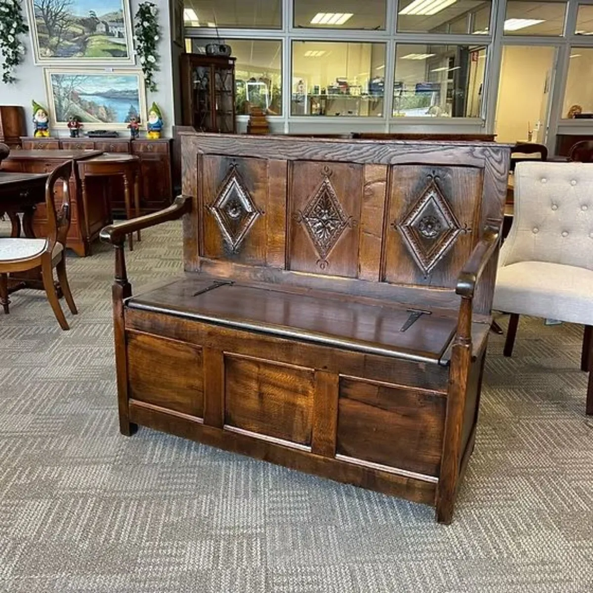 Antique, early 20th-century, oak monk's bench feat