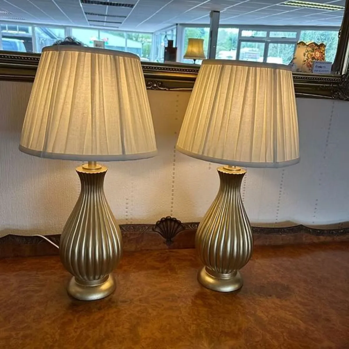 Fabulous pair of pleaded shaded table lamps.