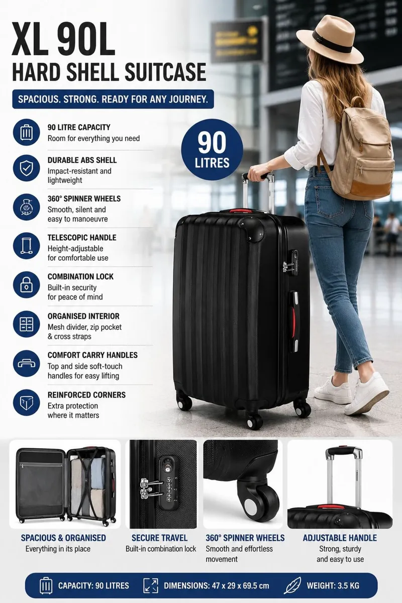 XL 90L Hard Shell Suitcase with 360deg Spinner Whe - Image 1