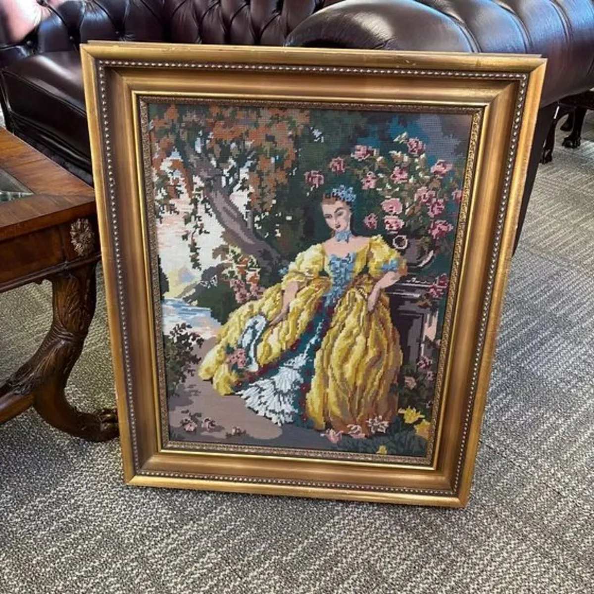Gilt framed tapestry behind glass front milady sty