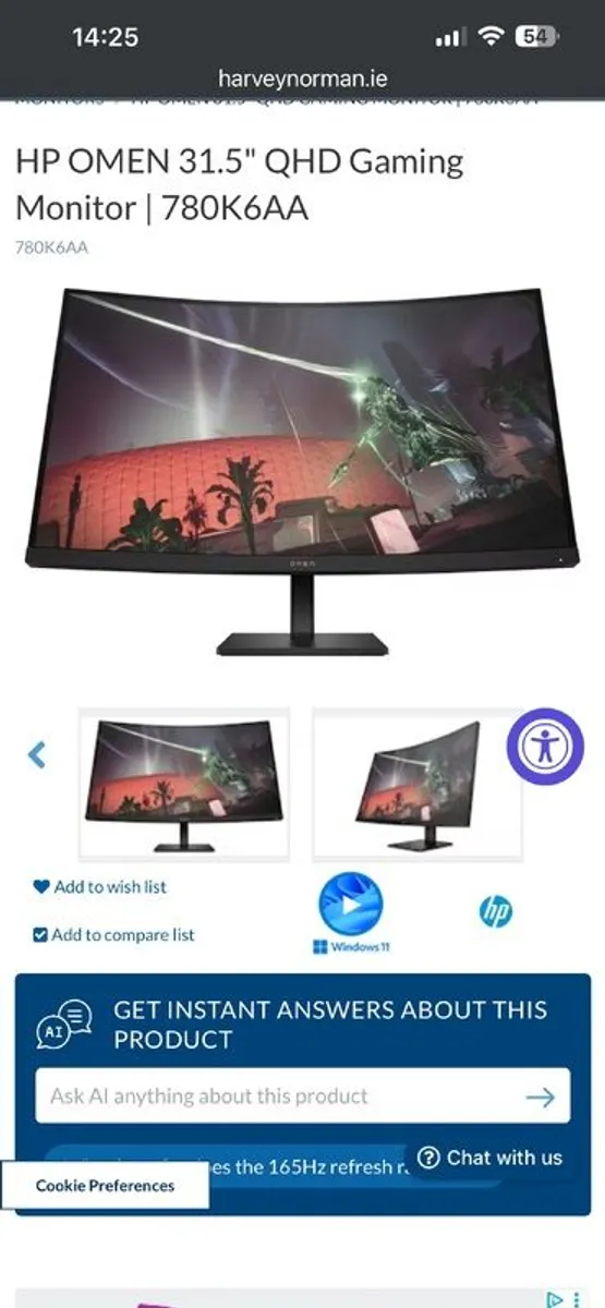 Monitor - HP OMEN 31.5 inch QHD 165Hz Curved Monitor - Image 1