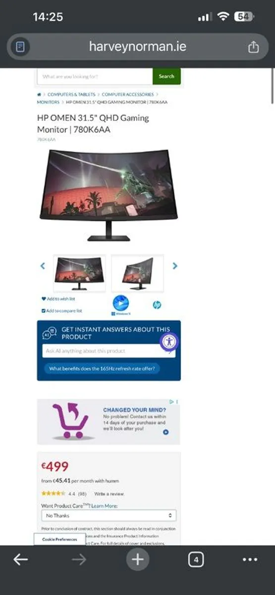 Monitor - HP OMEN 31.5 inch QHD 165Hz Curved Monitor - Image 2