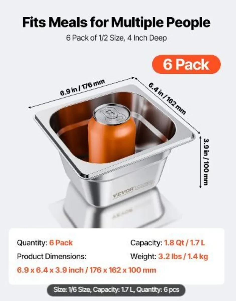 Stainless Steam Hotel Pans, 1/6 Size x 100mm Deep - Image 3