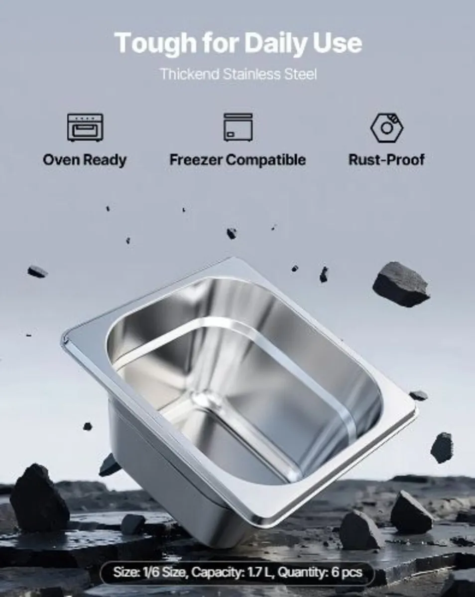 Stainless Steam Hotel Pans, 1/6 Size x 100mm Deep - Image 1