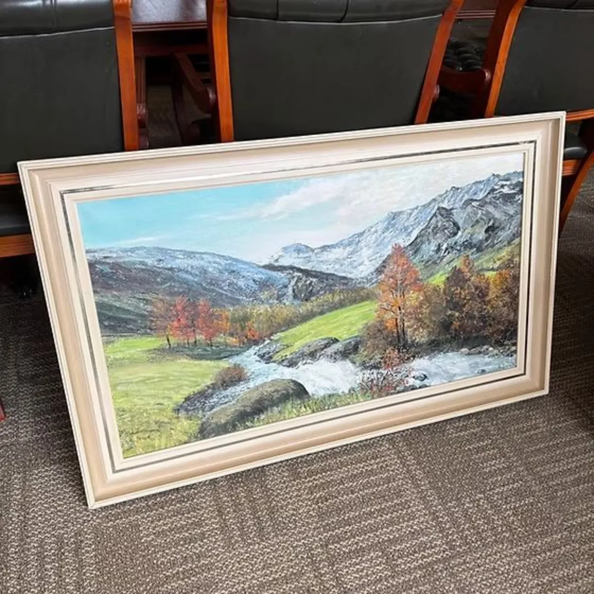 River scene with mountains oil on canvas painting