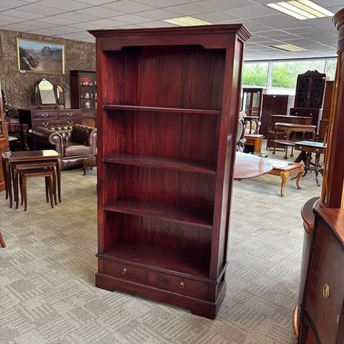 Modern made mahogany open bookcase with two drawer