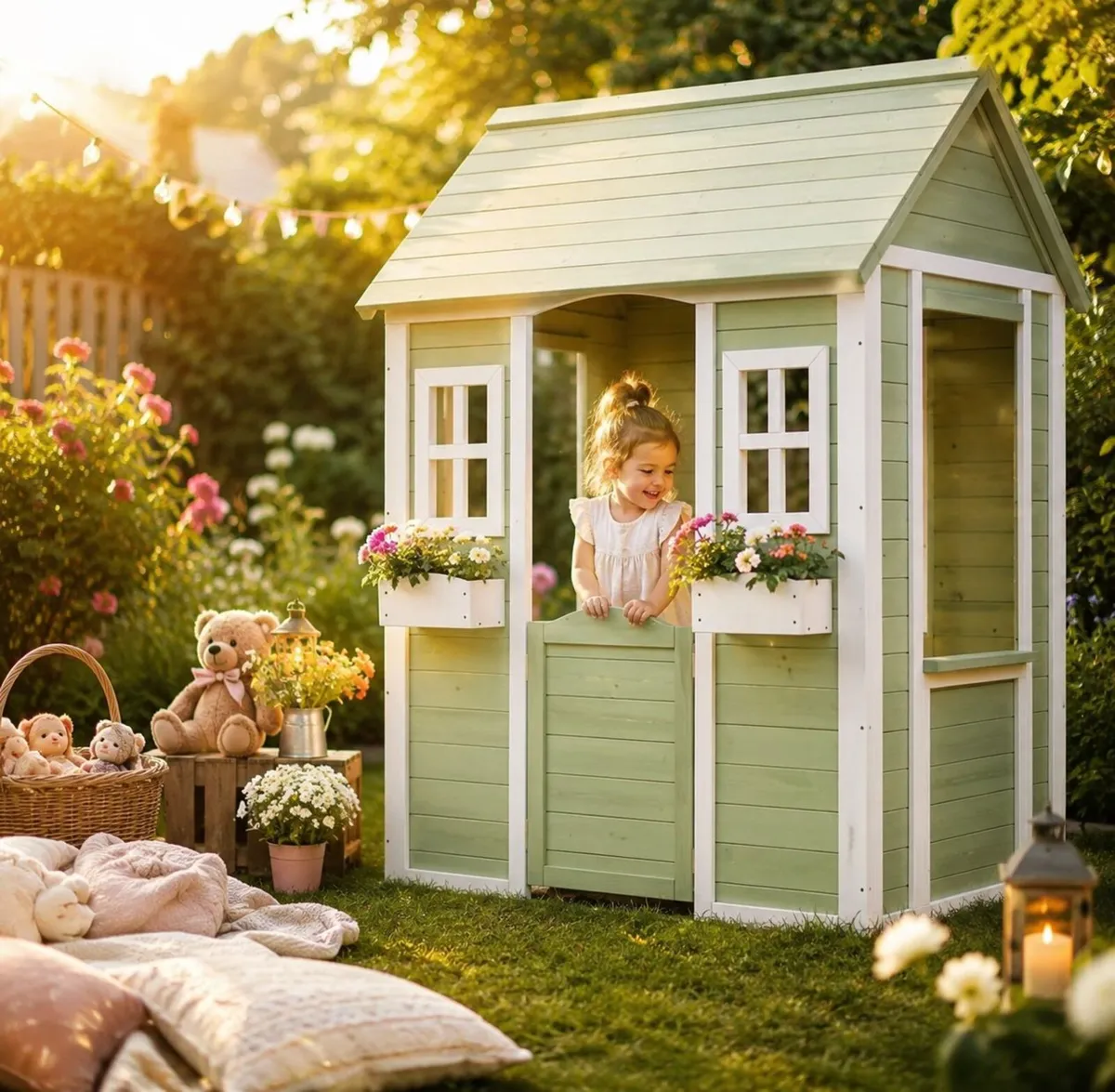 Wooden Kids Garden Playhouse with Planters 144cm O - Image 1