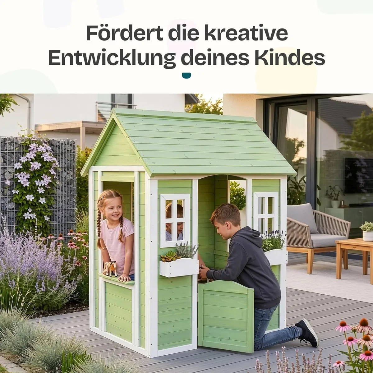 Wooden Kids Garden Playhouse with Planters 144cm O - Image 4