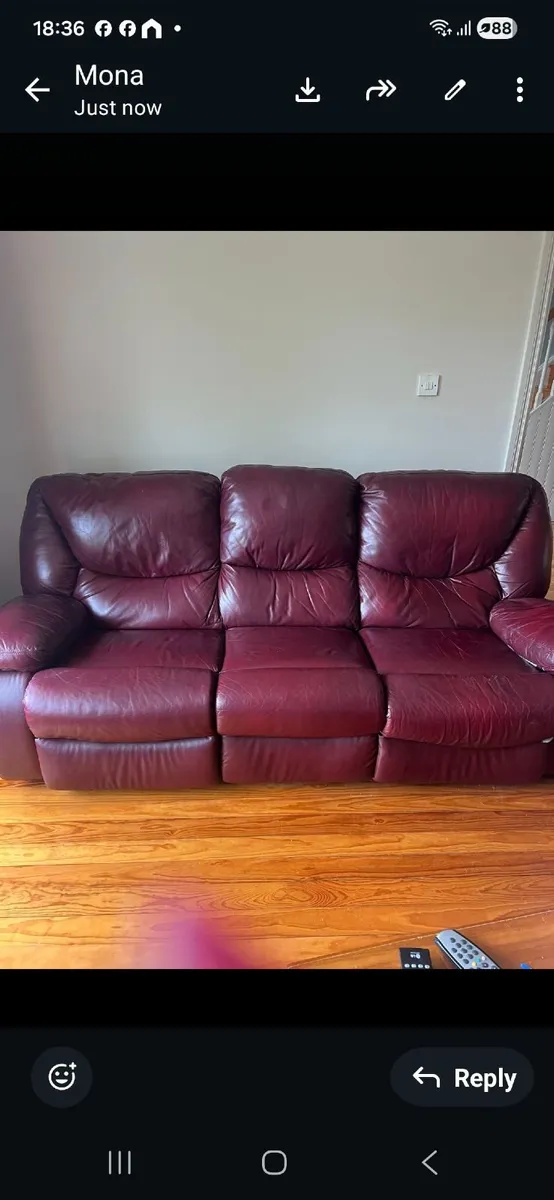 3 piece leather reclining suite - Image 1