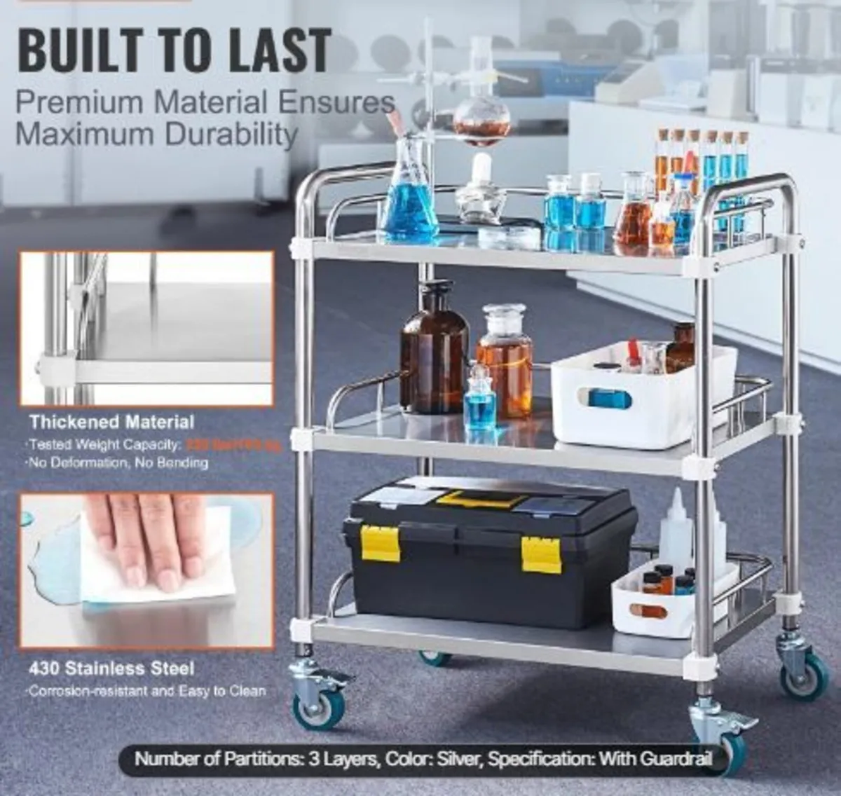 Lab Rolling Cart, 3-Shelf Stainless Steel - Image 2