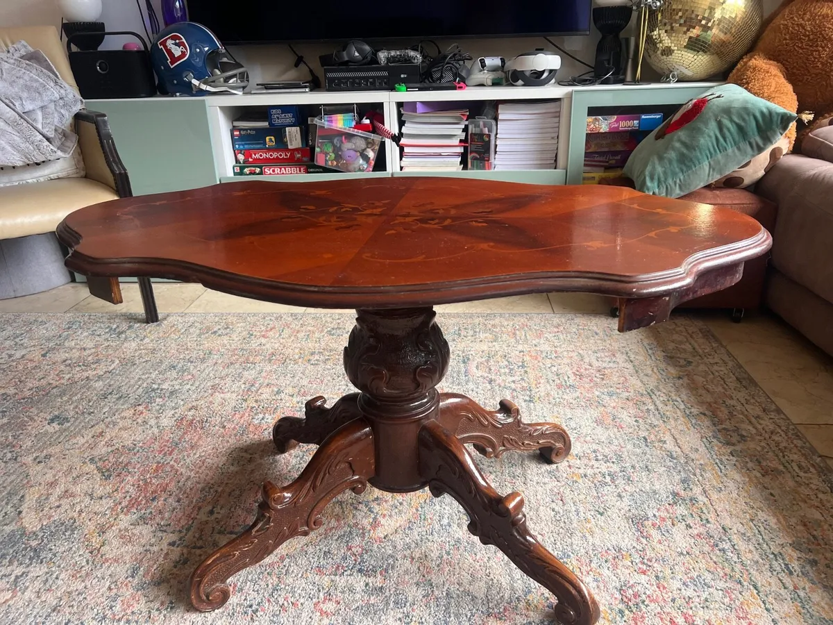 Mahogany Coffee Table with Inlaid Veneer & Carved - Image 1
