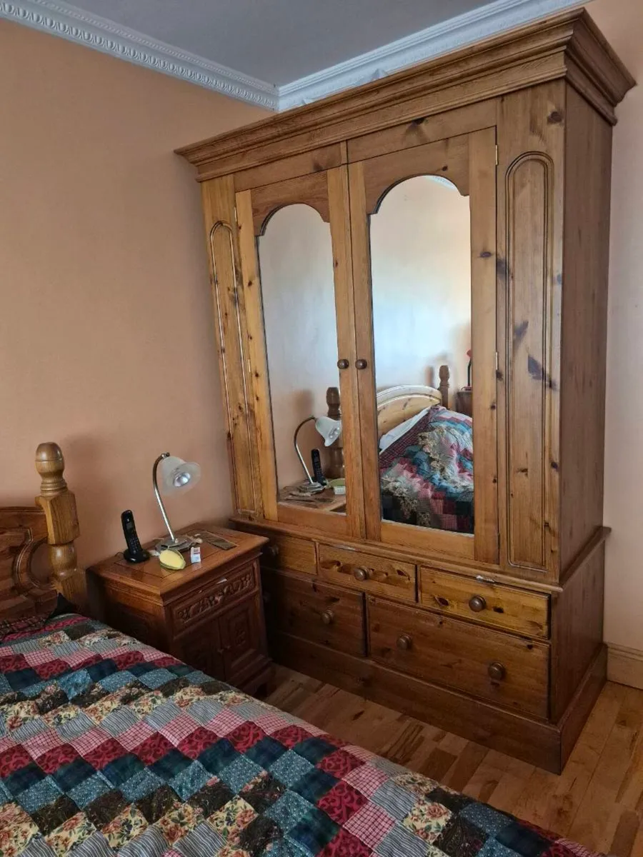 Vintage Solid Pine Wardrobe Inlaid with Decorative - Image 3