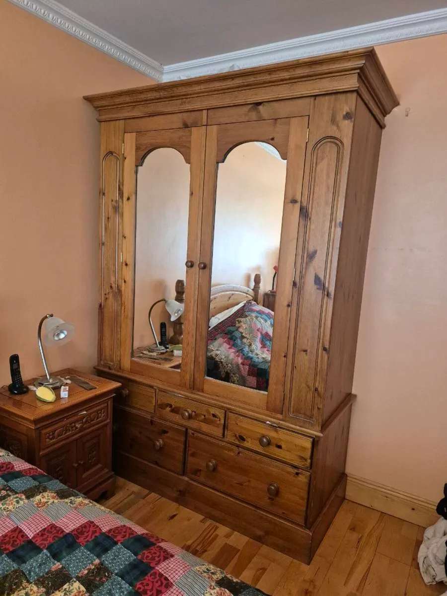 Vintage Solid Pine Wardrobe Inlaid with Decorative - Image 1