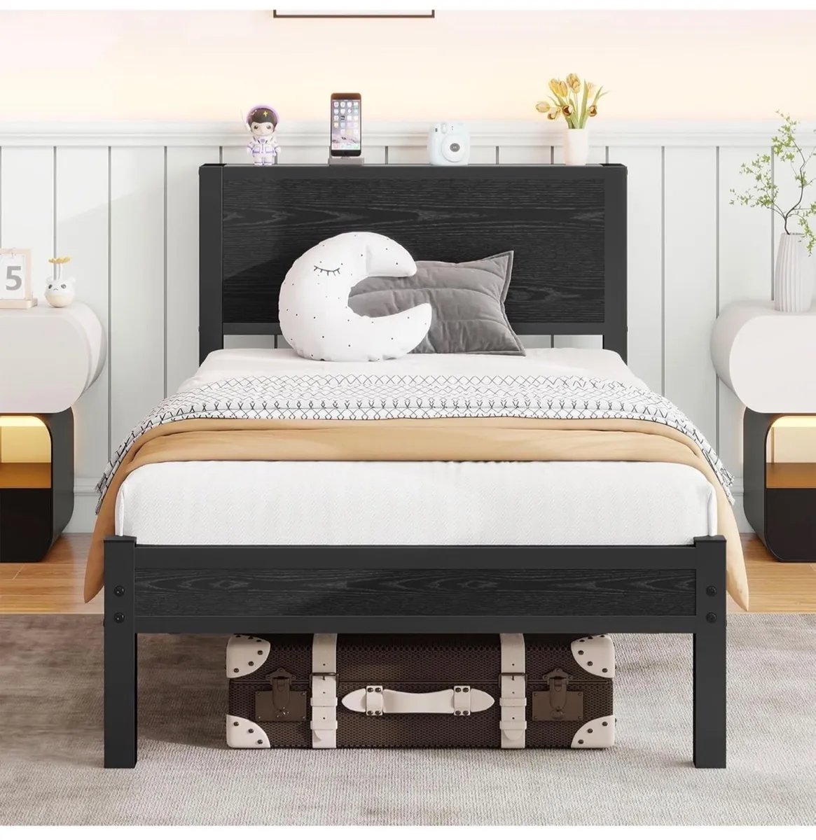 Single Bed Frame with Wooden Storage Shelf Headboa - Image 2