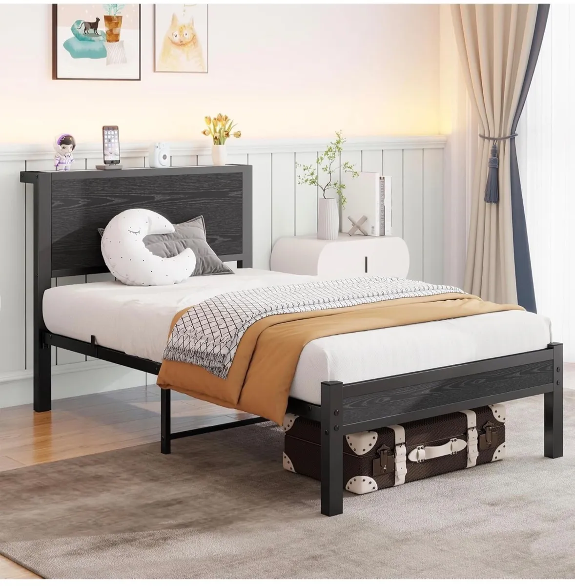 Single Bed Frame with Wooden Storage Shelf Headboa - Image 1