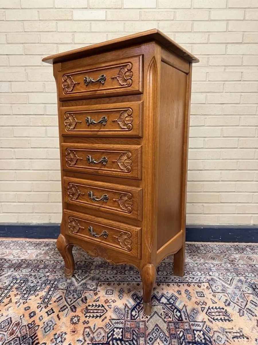 Vintage French Style Carved Oak Tallboy - Image 1