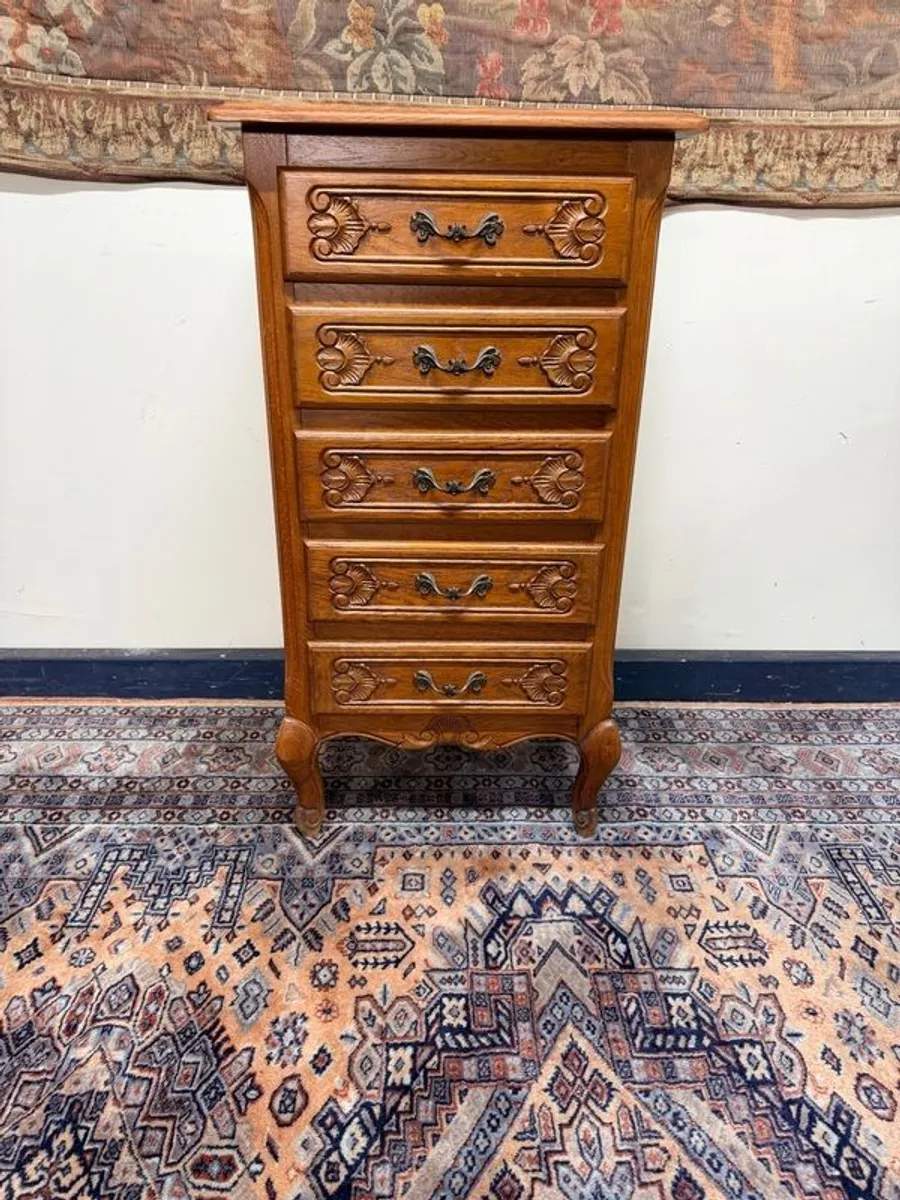 Vintage French Style Carved Oak Tallboy - Image 2