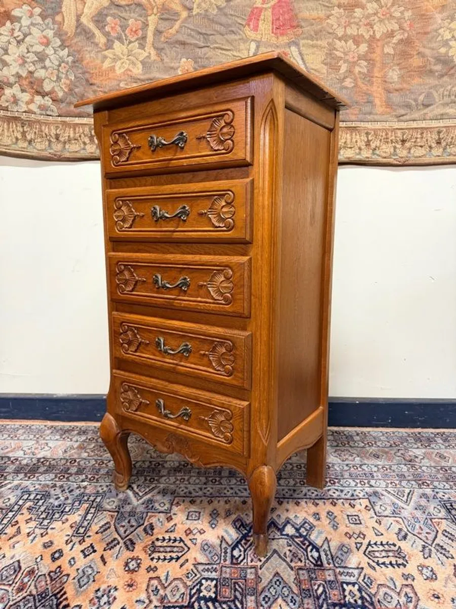 Vintage French Style Carved Oak Tallboy - Image 3