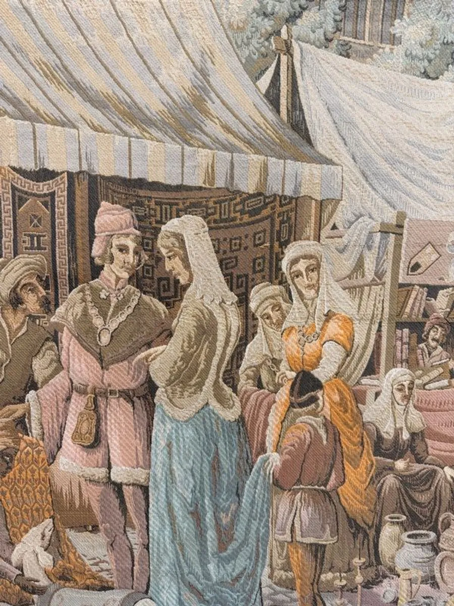 Vintage French Medieval Street Market Tapestry - Image 2