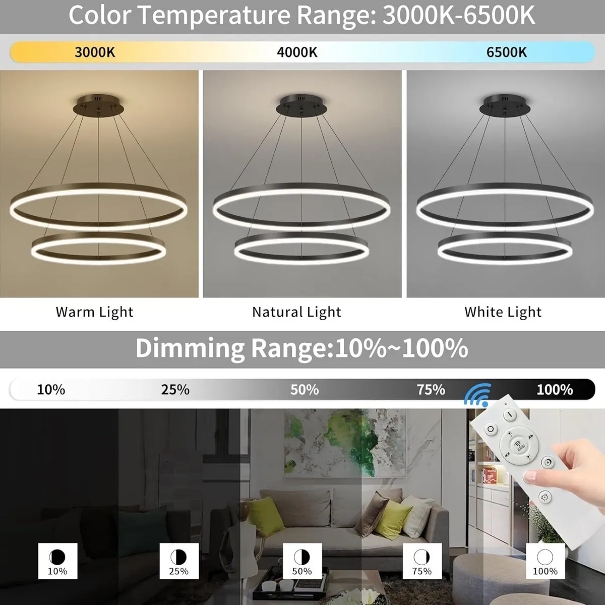 Dimmable LED Modern Chandelier 2 Ring Adjustable - Image 2