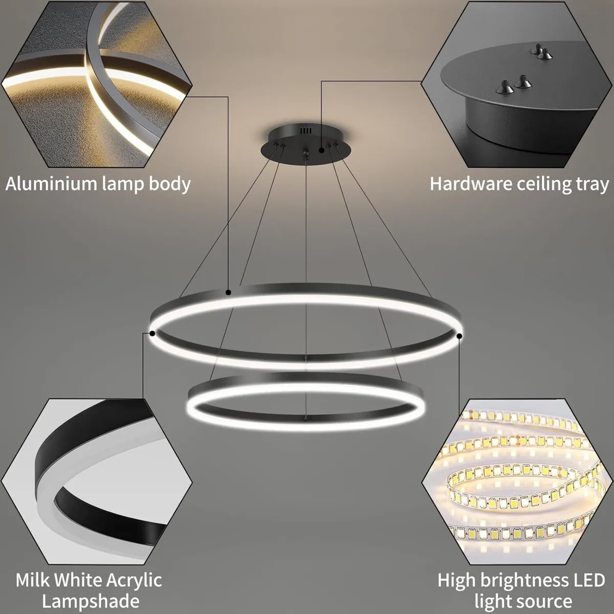 Dimmable LED Modern Chandelier 2 Ring Adjustable - Image 4
