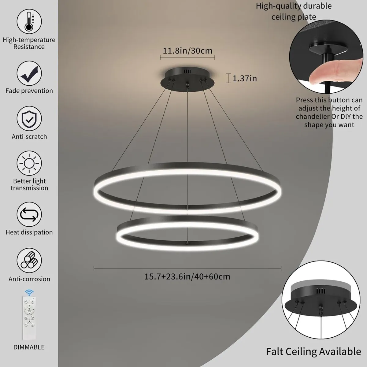 Dimmable LED Modern Chandelier 2 Ring Adjustable - Image 3