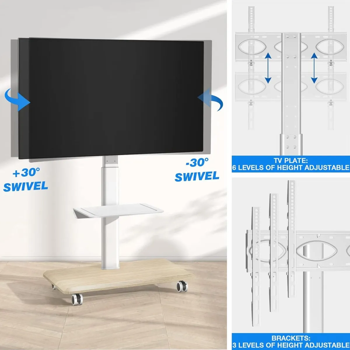 White Mobile Swivel TV Stand on Wheels for Most - Image 3