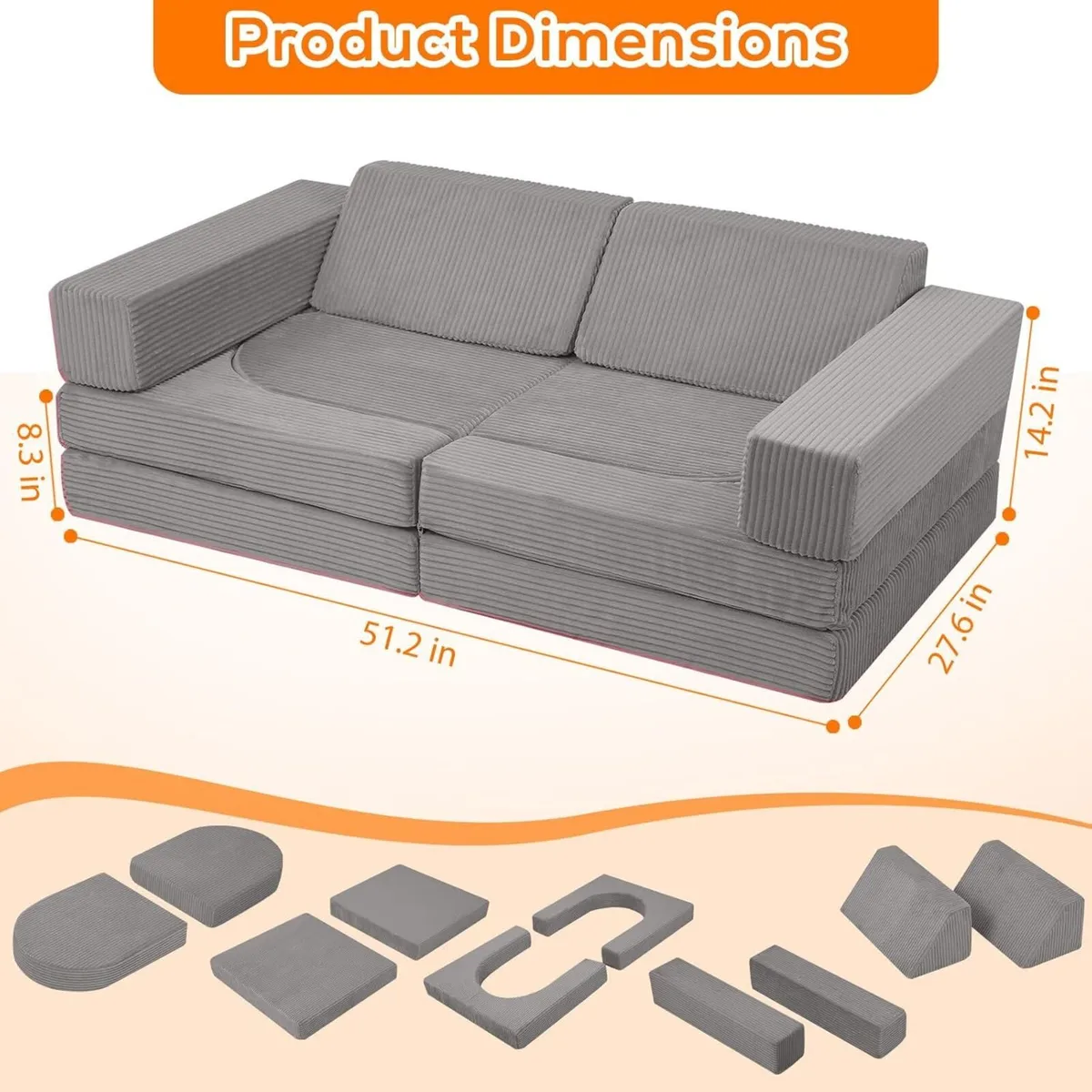 10-Pieces Kids Play Sofa Corduroy Modular Toddler - Image 3