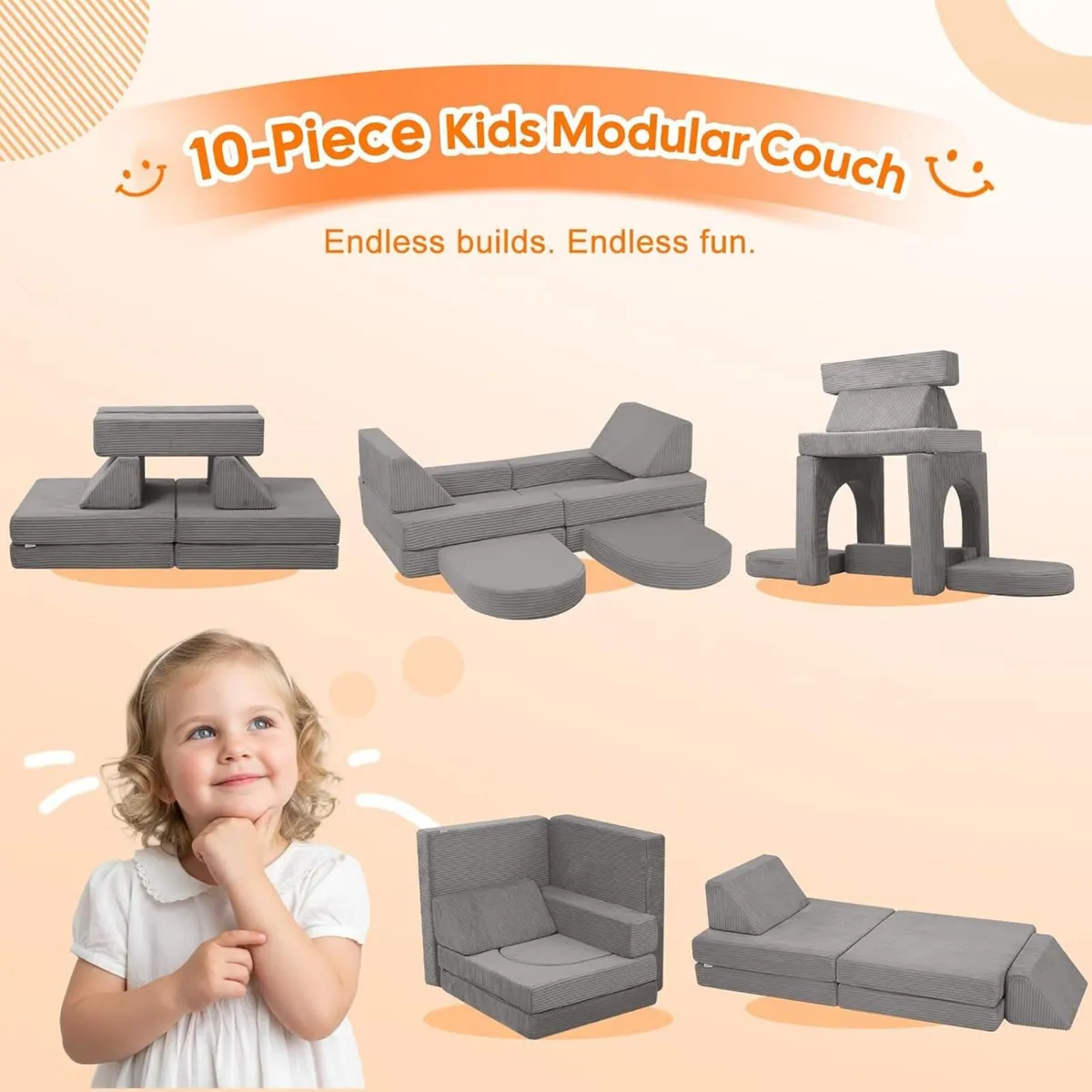 10-Pieces Kids Play Sofa Corduroy Modular Toddler - Image 4