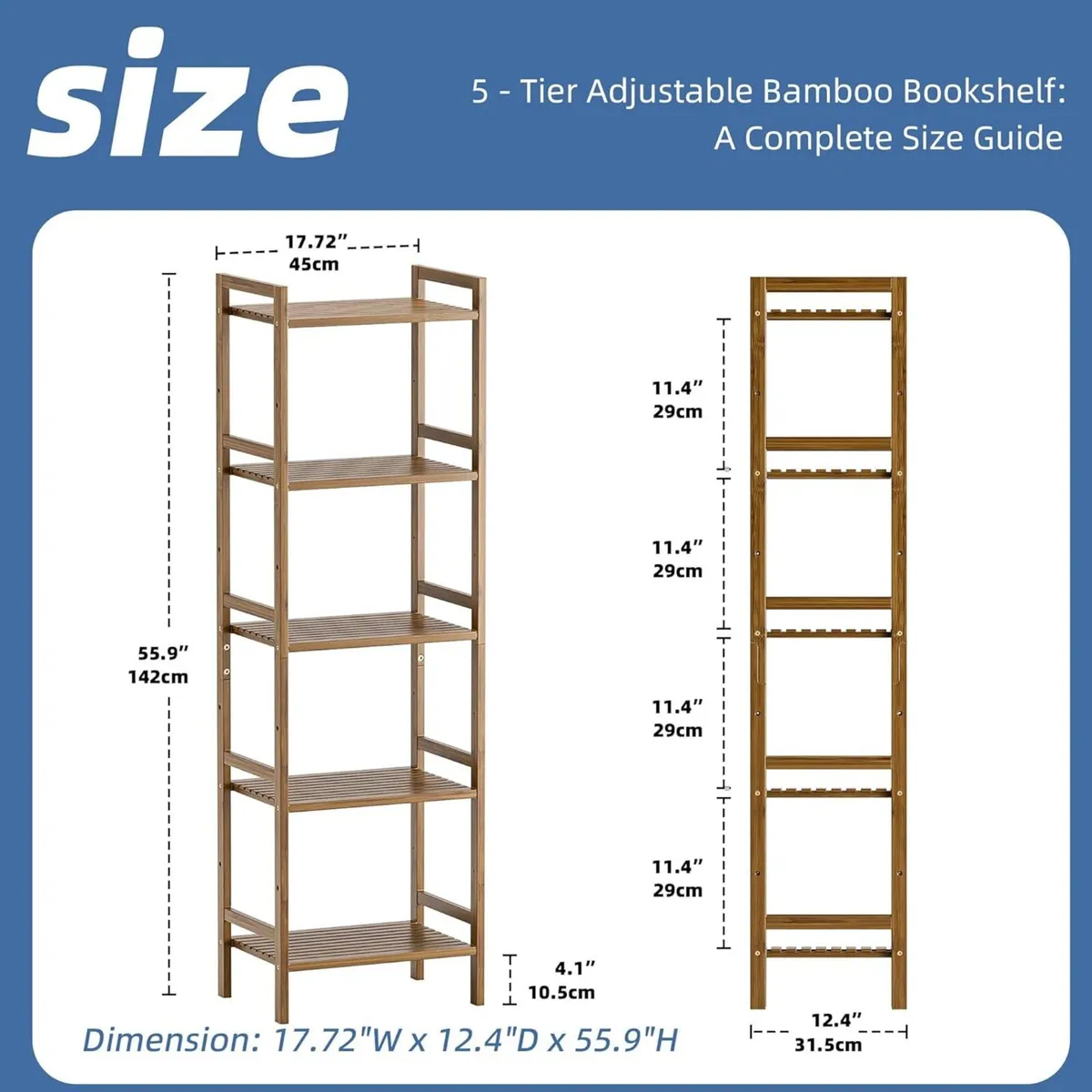 5-Tier Tall Bookcase Narrow Adjustable Bamboo - Image 3