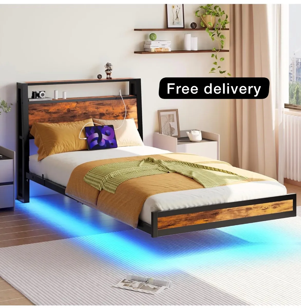 Floating Single Bed Frame with Charging Station an - Image 1