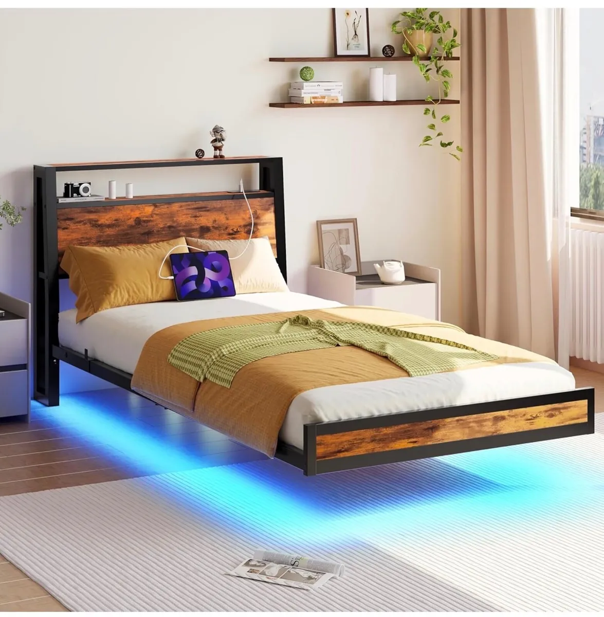 Floating Single Bed Frame with Charging Station an - Image 3