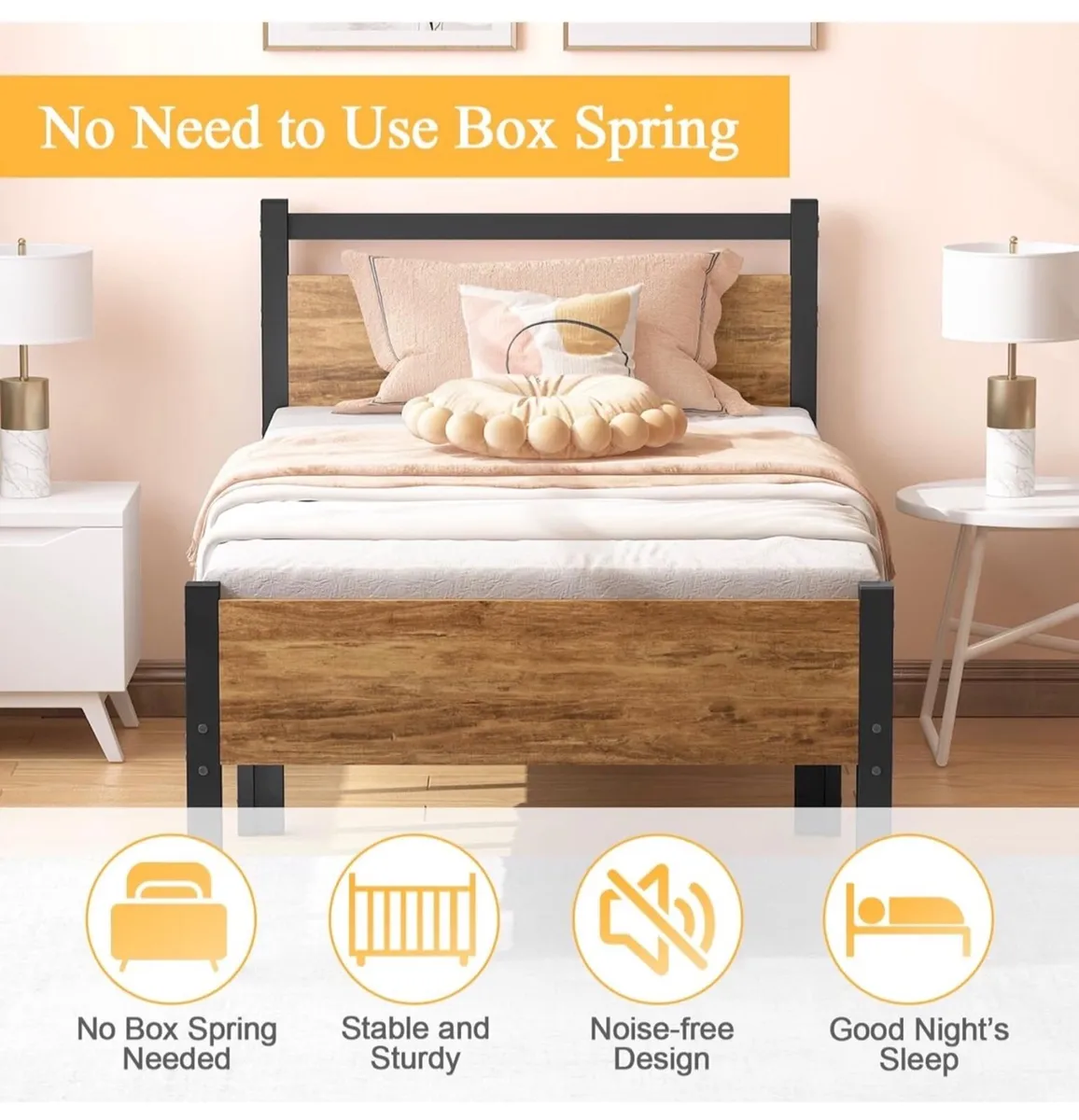 Single Bed Frame with Wooden Headboard, 31.5cm Met - Image 3
