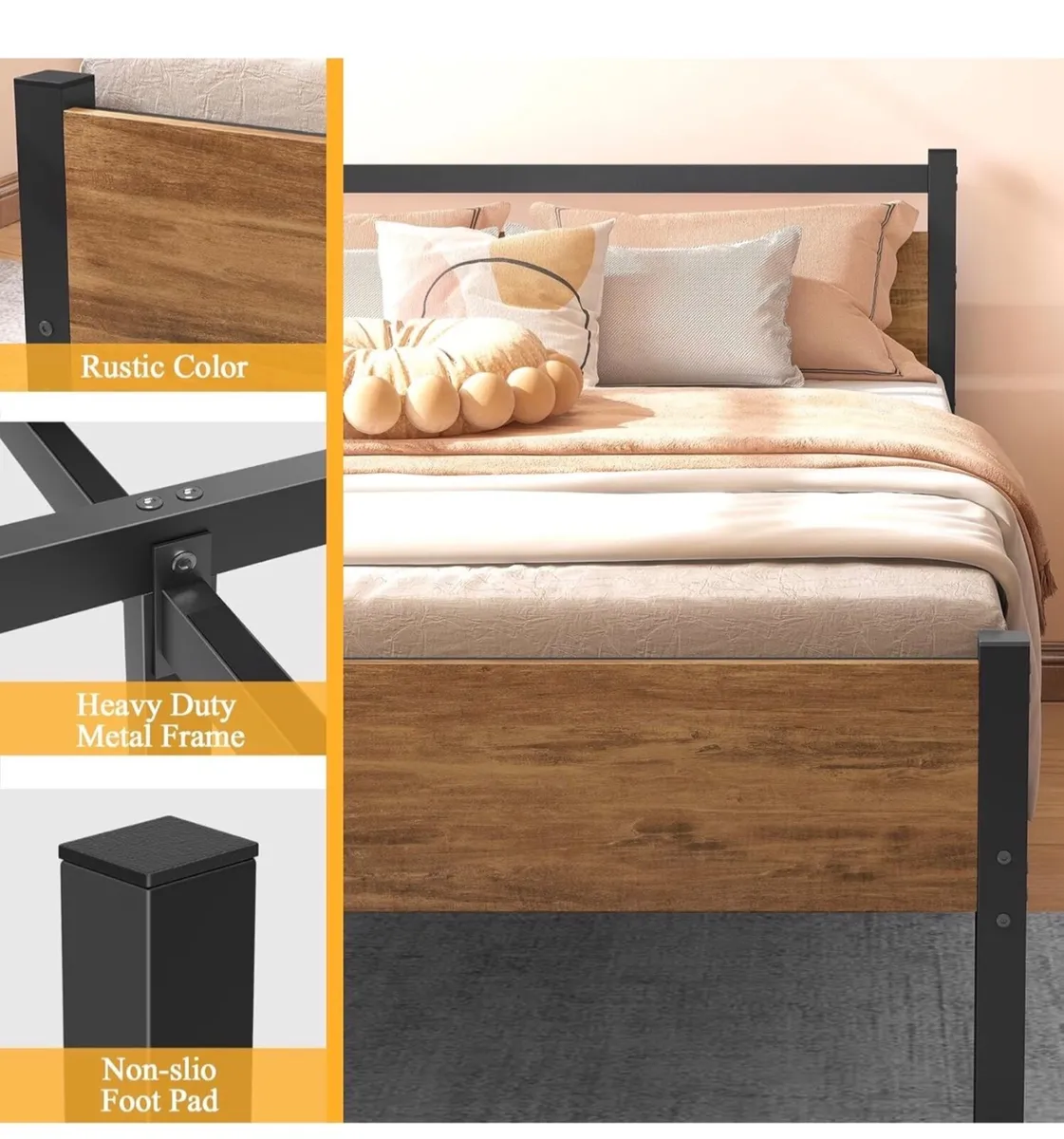 Single Bed Frame with Wooden Headboard, 31.5cm Met - Image 4